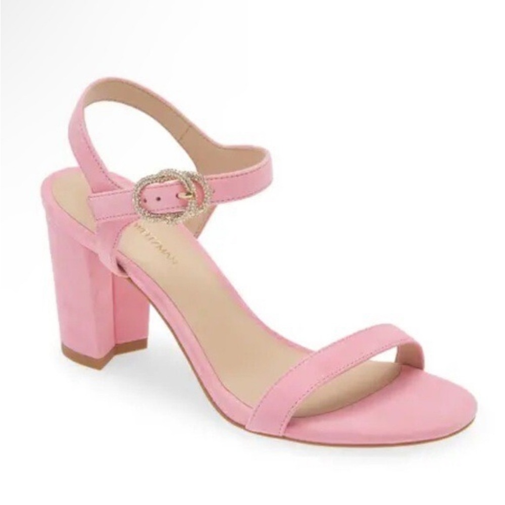 Stuart Weitzman Blush Pink Block Heels with crystal buckle Few crystals